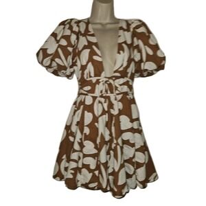 House‎ of Harlow 1960 Womens Size 4 Brown Linen Floral Print Mini Dress Retro
